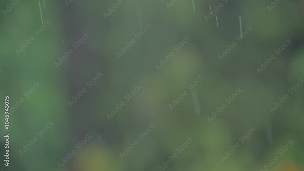 Summer heavy rain drops are falling against the blurred green foliage background at the park, forest: slow motion, close up. Selective focus with bokeh. Concept of environment, bad weather, and nature Summer heavy rain drops are falling against the blurred green foliage background at the park, forest: slow motion, close up. Selective focus with bokeh. Concept of environment, bad weather, and nature