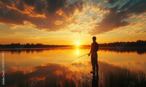 Young man fishing on a lake at sunset and enjoying hobby