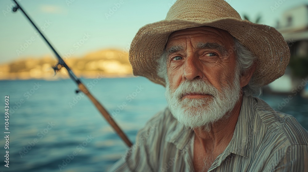 Obraz premium Greek elderly man with a fishing rod, looking peaceful