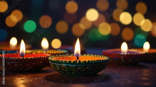 Lit candles in round holders for the Diwali festival, creating a vibrant and joyful scene photo