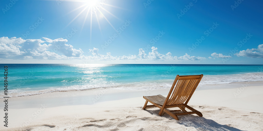 Relaxing wooden chair on sunny tropical beach with clear blue skies and gentle waves Relaxing wooden chair on sunny tropical beach with clear blue skies and gentle waves