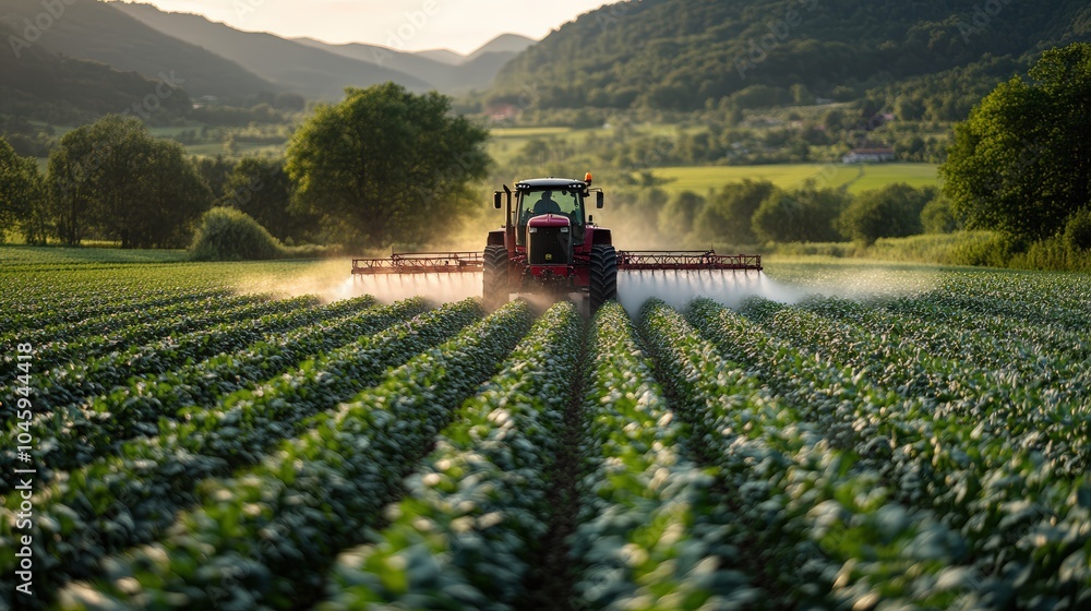 Tractor spray fertilize field with insecticide herbicide chemicals in agriculture field Tractor spray fertilize field with insecticide herbicide chemicals in agriculture field