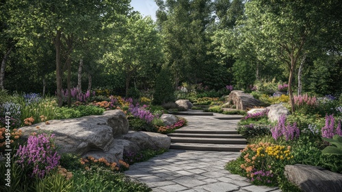 Stone Pathway Through Lush Garden