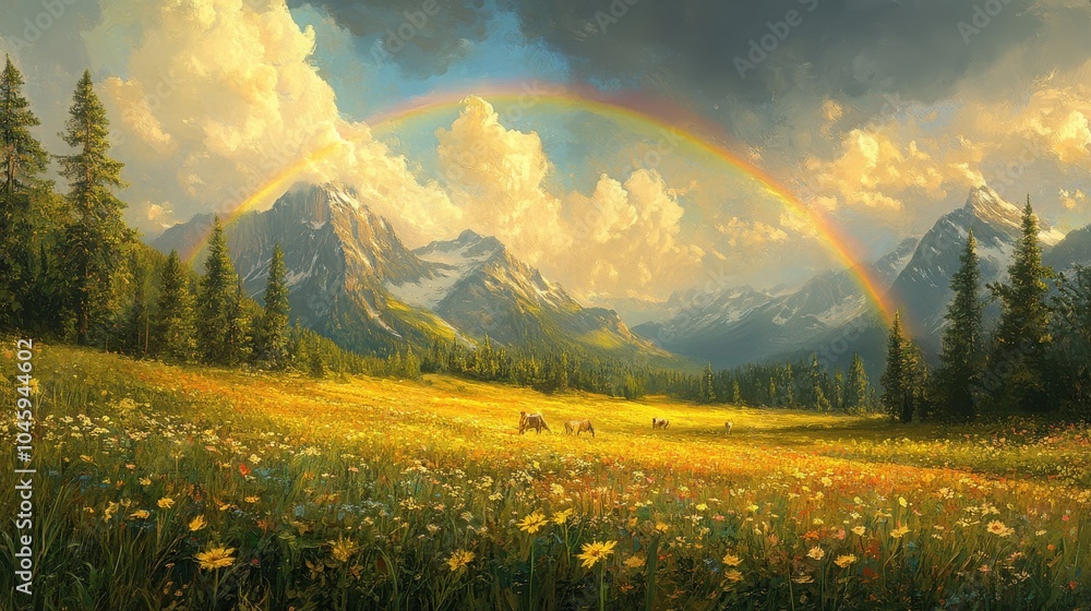Obraz premium Meadow with a rainbow after a summer rain