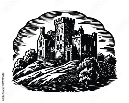 Medieval english castle with old engraving style vector