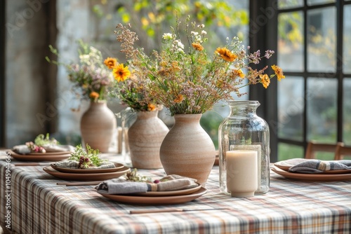 fall tablescape, fall-themed dining table with plaid tablecloth, terracotta vases of seasonal flowers, and glowing lanterns creating a cozy ambiance photo