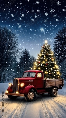 A festive red truck transports a Christmas tree, illuminated by sparkling lights against a beautiful starry night sky