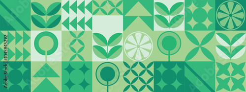Modern lemon geometric background. Vector minimalist style pattern. Bauhaus trend. Abstract illustration of lemon, leaves, symbols. Simple icon.	
