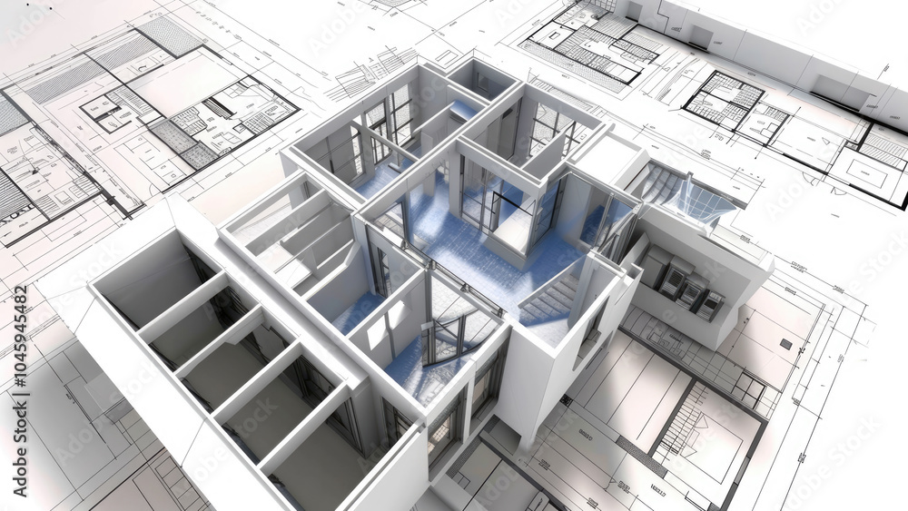 3D architectural model of modern house with floor plan layout 3D architectural model of modern house with floor plan layout