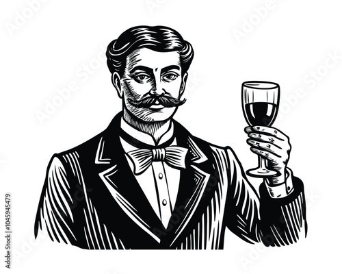 Gentleman with mustache holding a wine glass vintage engraved vector illustration