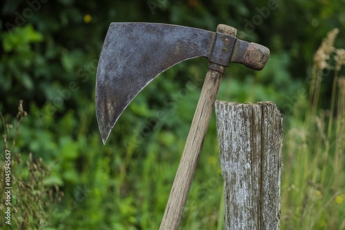 An old-fashioned scythe with a curved metal blade and wooden handle rests against a weathered fence post, set against a lush green background