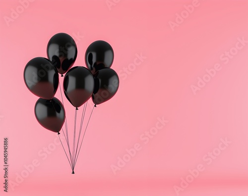 Cluster pink and black balloons on pink gradient background. Festive decoration for shopping. Black Friday, Cyber Monday or Singles Day. For banner, sales photo