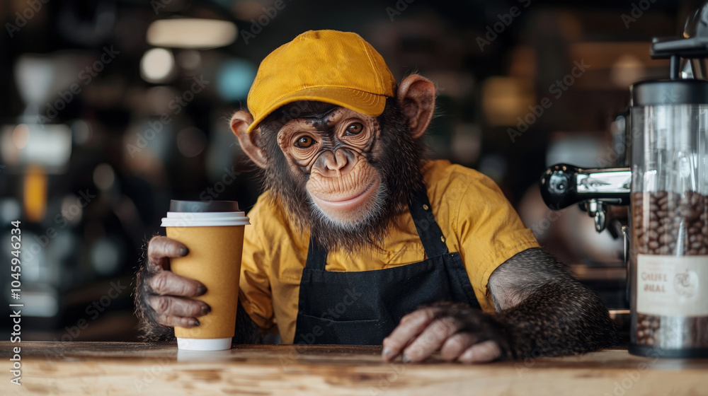 Friendly chimp barista serving coffee in a cozy cafe setting Friendly chimp barista serving coffee in a cozy cafe setting