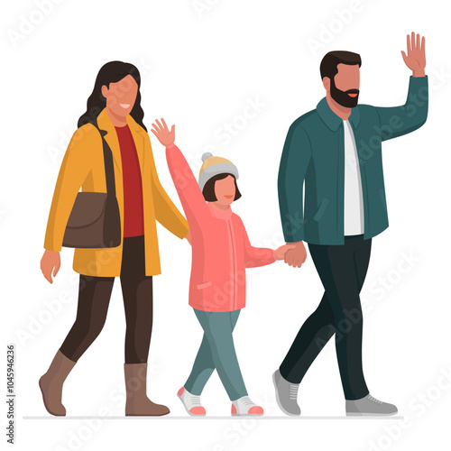 Happy family walking and waving