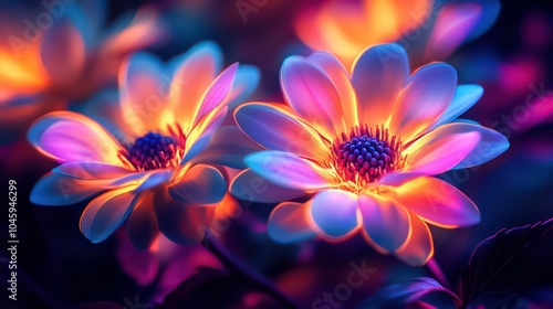 Two bright blue and orange flowers with glowing petals against a dark background.