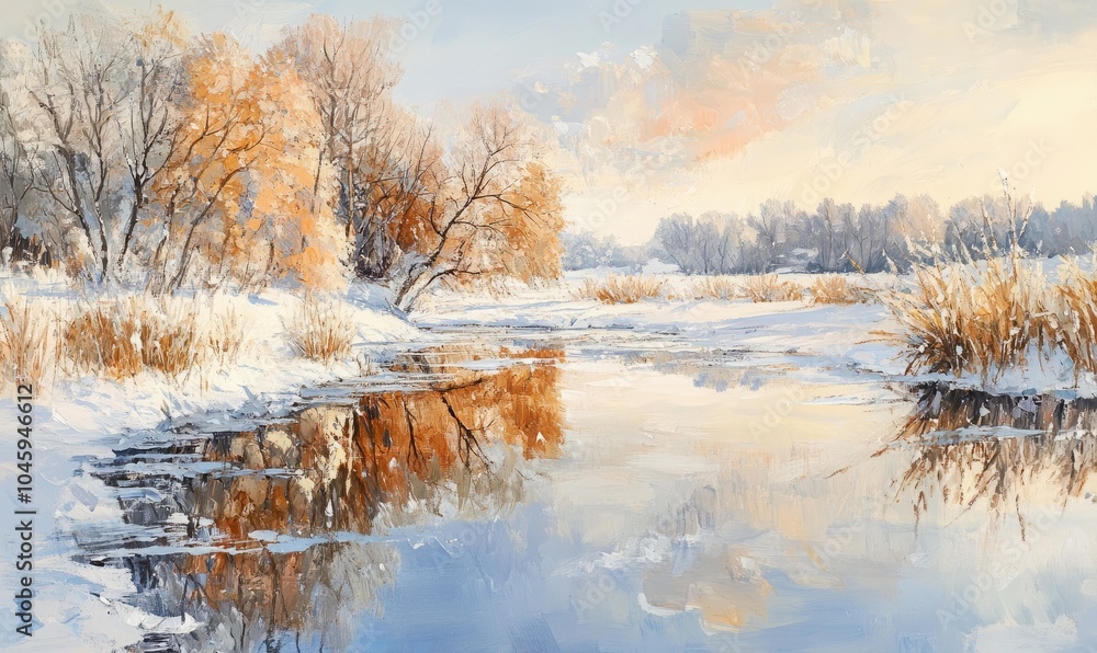 winter landscape with beautiful reflection in the water winter landscape with beautiful reflection in the water