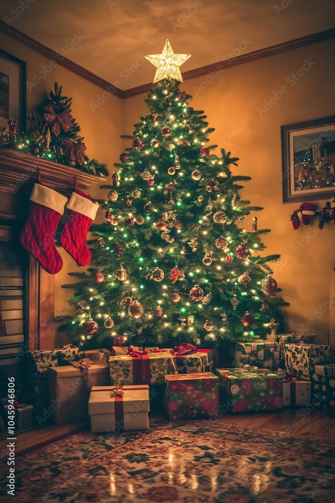 A beautifully decorated Christmas tree with gifts beneath it in a cozy living room during the holiday season A beautifully decorated Christmas tree with gifts beneath it in a cozy living room during the holiday season