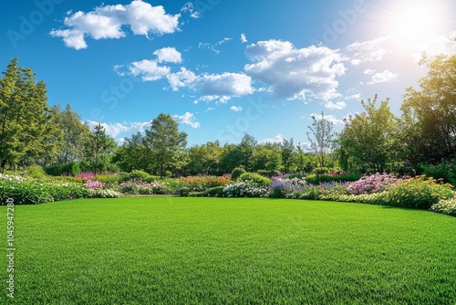 Fototapeta Naklejka Na Ścianę i Meble -  Lush green grass lawn with blooming flowers in a beautiful park on a sunny day.