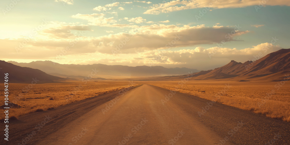 Endless desert road at sunset with majestic mountain range and dramatic sky Endless desert road at sunset with majestic mountain range and dramatic sky