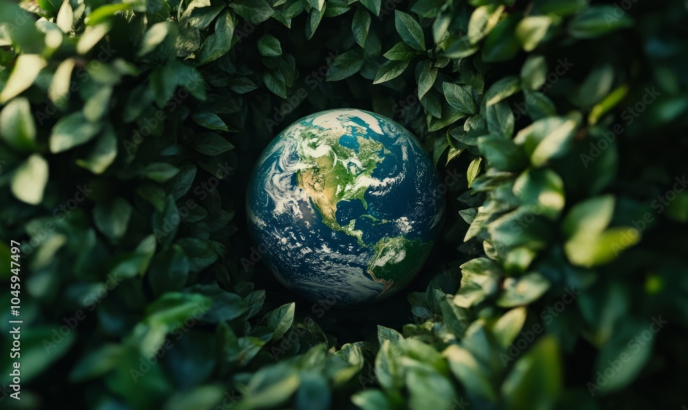 Planet earth surrounded by lush green leaves for environmental concept Planet earth surrounded by lush green leaves for environmental concept