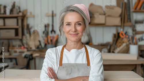 Confident female carpenter in workshop embracing craftsmanship and creativity