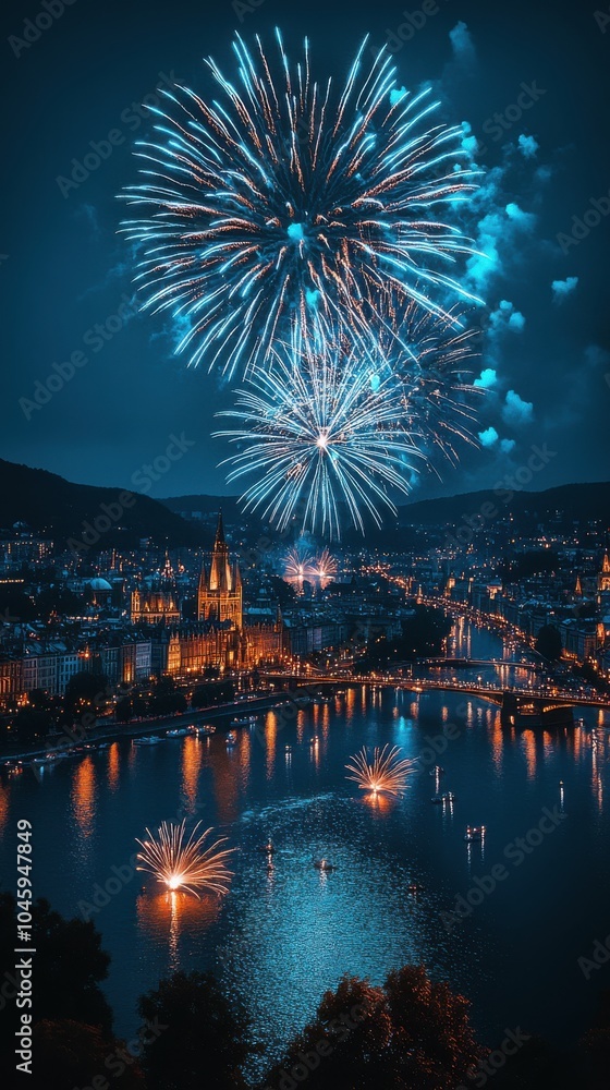 Fototapeta premium Vibrant fireworks illuminate a city's night sky, reflecting beautifully over the river below.