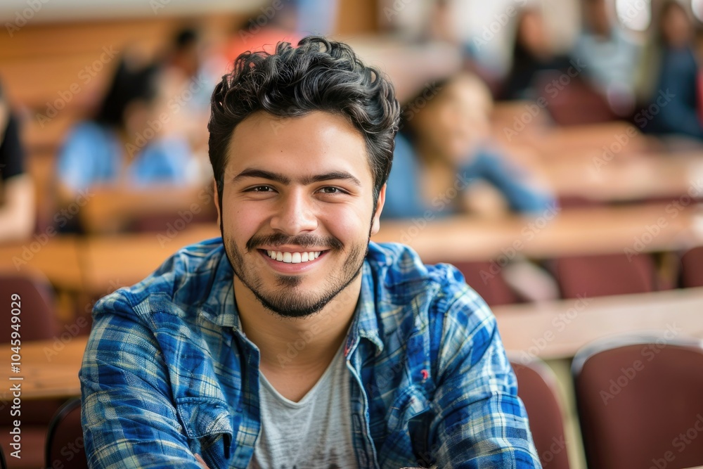 A cheerful Latino American university student seated in a classroom, exuding confidence and positivity, with classmates in the background. A cheerful Latino American university student seated in a classroom, exuding confidence and positivity, with classmates in the background.