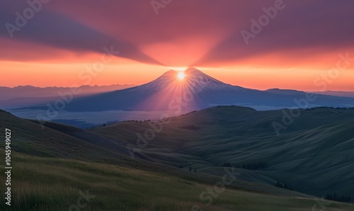 Rainer casts a majestic shadow over rolling hills during a vibrant sunrise photo