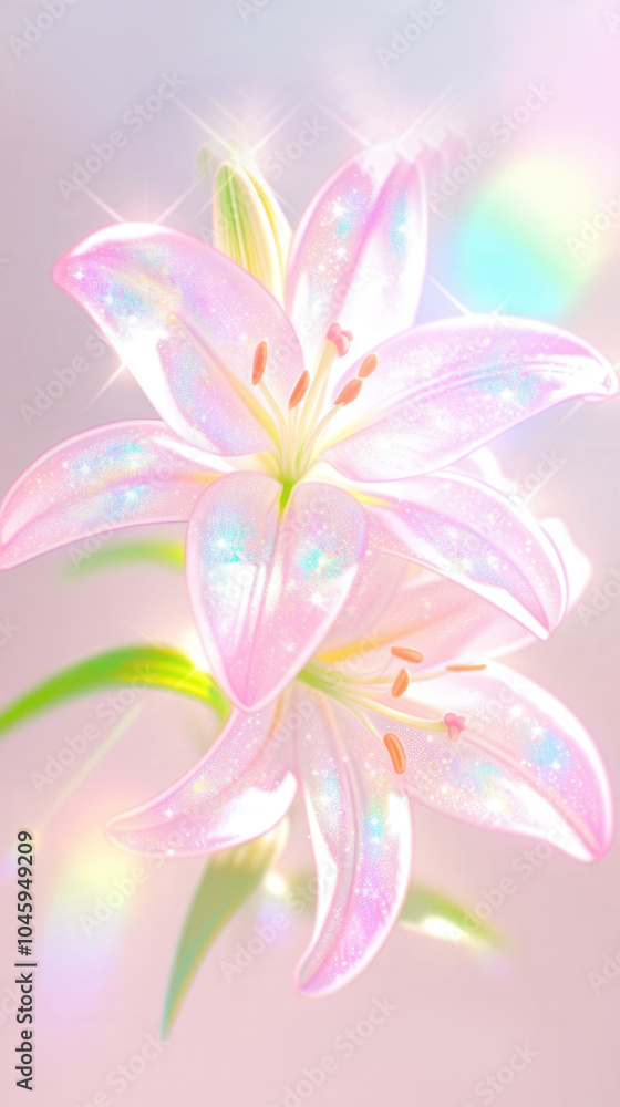 Sparkling pink lily in soft light with rainbow gleam