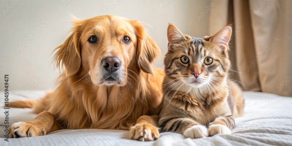 Golden Retriever and Tabby Cat Resting on a Bed, Pets, Friendship Golden Retriever and Tabby Cat Resting on a Bed, Pets, Friendship
