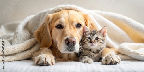 Wallpaper Mural Golden Retriever and Kitten Under Blanket, Animal Friends, Pet Love , golden retriever, kitten Torontodigital.ca