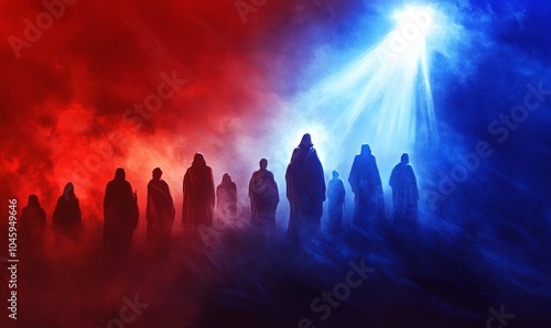 Red and Blue stylized illustration of Jesus returning to guide his followers back to heaven with bright light