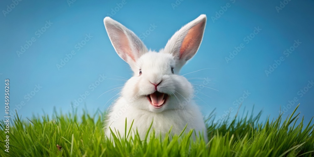 Obraz premium White Bunny in Green Grass with Blue Sky Background, Easter, Spring