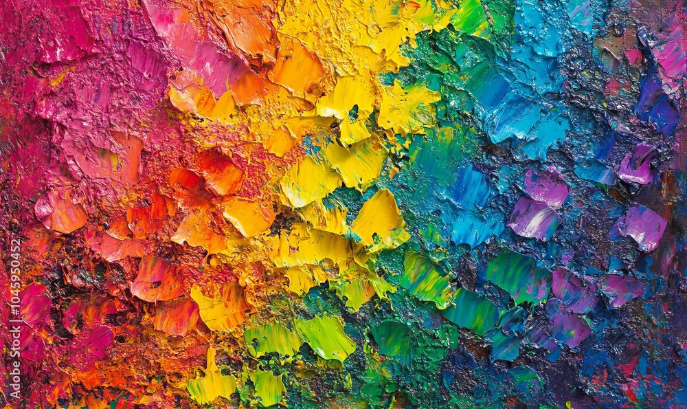Vibrant and dynamic, this abstract painting boasts a rough texture and an explosion of multicolored rainbow hues Vibrant and dynamic, this abstract painting boasts a rough texture and an explosion of multicolored rainbow hues
