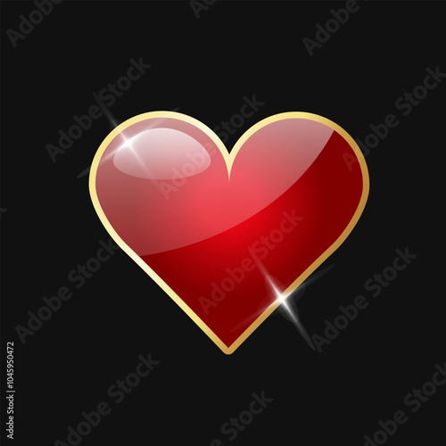Shining playing card suit heart with golden frame and sparkles isolated on dark background.