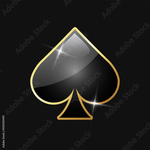 Shining playing card suit spade with golden frame and sparkles isolated on dark background.