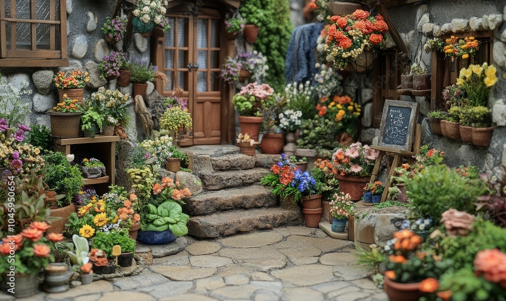 Obraz premium Craft alley and gardening, with a few small pots, lots of flowers, outdoor decorating with animals, stands, wet ground, rainy weather, stone houses, garden maintenance