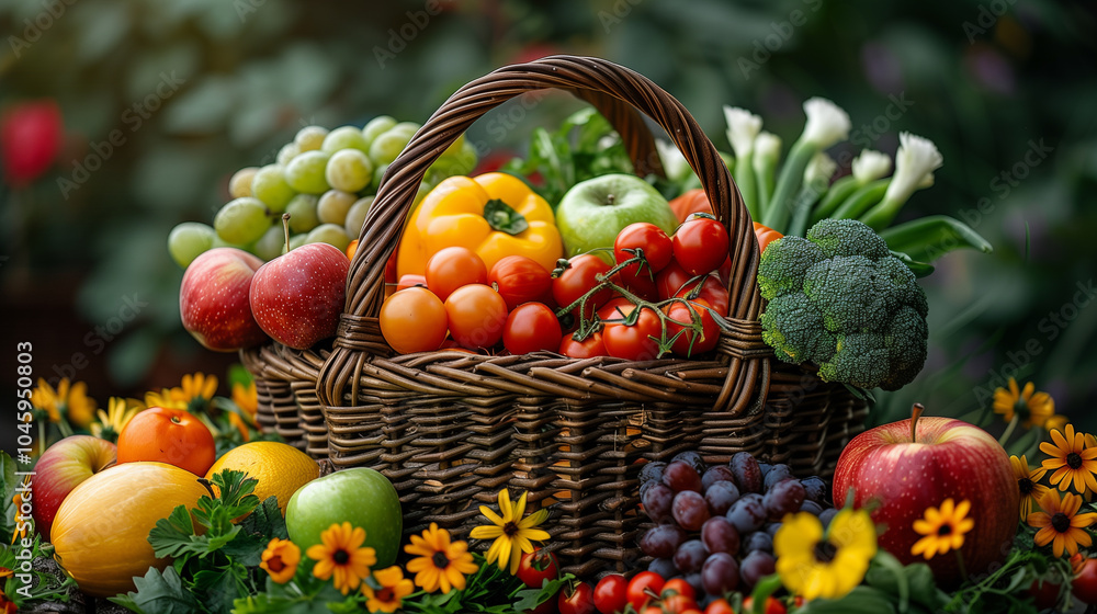 Fall harvest in a wicker basket. Vegetables and fruits ready for healthy eating. Fall harvest in a wicker basket. Vegetables and fruits ready for healthy eating.