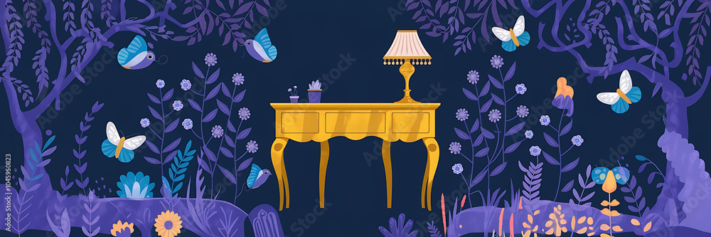 Fototapeta premium Golden table with lamp in a magical purple forest with blue butterflies Springtime fantasy 