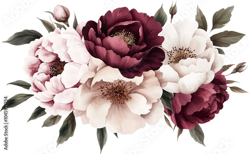 Watercolor burgundy flowers. Floral peony bouquet clipart. Generative AI.