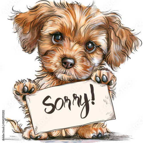 Cute puppy holding in a paws a paper card, text "Sorry!" written on a white card. Modern illustration, white background.