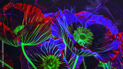 Neon-lit flowers glowing under ultraviolet light