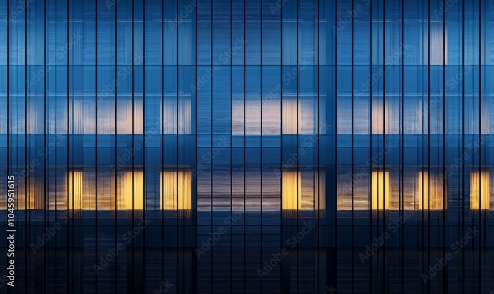 Seamless skyscraper facade with blue tinted windows and blinds at night. Modern abstract office building background texture with glowing lights against dark black exterior walls Seamless skyscraper facade with blue tinted windows and blinds at night. Modern abstract office building background texture with glowing lights against dark black exterior walls