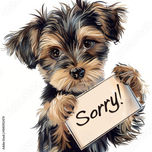 Cute puppy holding in a paws a paper card, text "Sorry!" written on a white card. Modern illustration, white background.