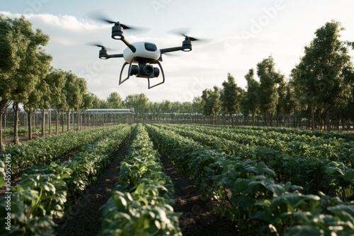 A drone flies over meticulously arranged crop fields, symbolizing technological advancement and precision agriculture in harmony with nature on a sunny day. photo