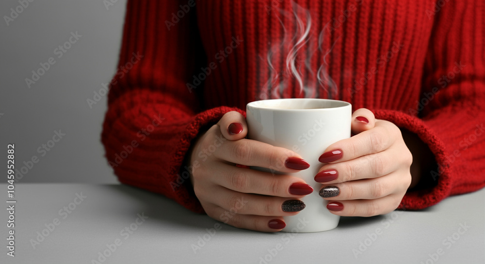 Coffee cup held by hands with steam rising in cozy setting Coffee cup held by hands with steam rising in cozy setting