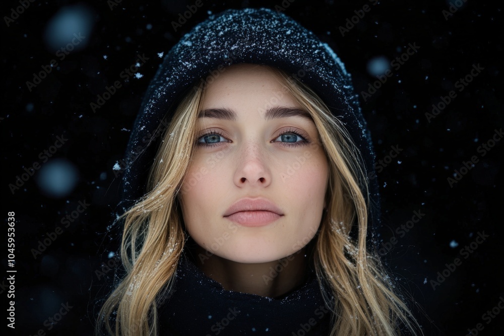 A close-up portrait of a woman in a dark hood, framed by falling snowflakes, against a black backdrop, highlighting her blue eyes and serene expression. A close-up portrait of a woman in a dark hood, framed by falling snowflakes, against a black backdrop, highlighting her blue eyes and serene expression.