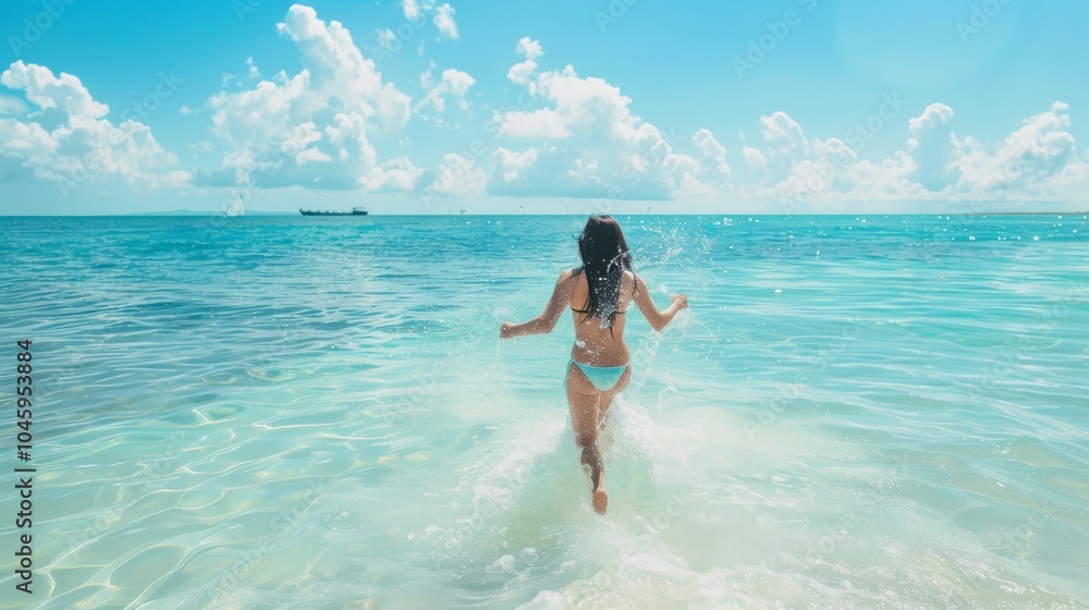 Asian woman in a white bikini running joyfully into the clear blue ocean on a sunny day Asian woman in a white bikini running joyfully into the clear blue ocean on a sunny day