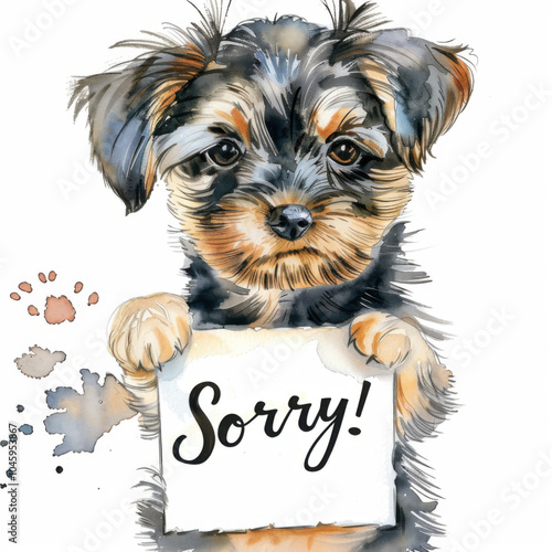 Cute puppy holding in a paws a paper card, text "Sorry!" written on a white card. Watercolor illustration, white background.