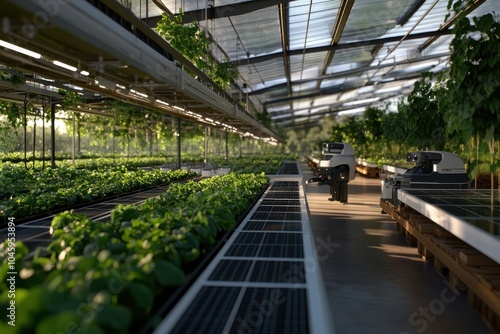 A state-of-the-art greenhouse with robotic systems tending crops, emphasizing technology's role in revolutionizing agriculture and enhancing crop efficiency indoors seamlessly.